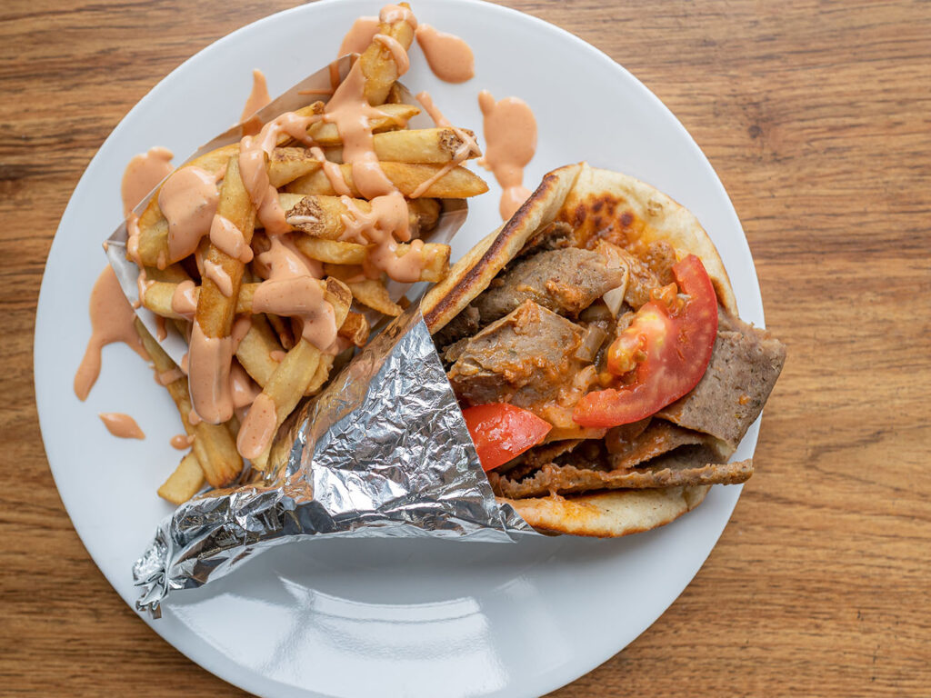 Greek Souvlaki - gyro, red sauce, fry sauce