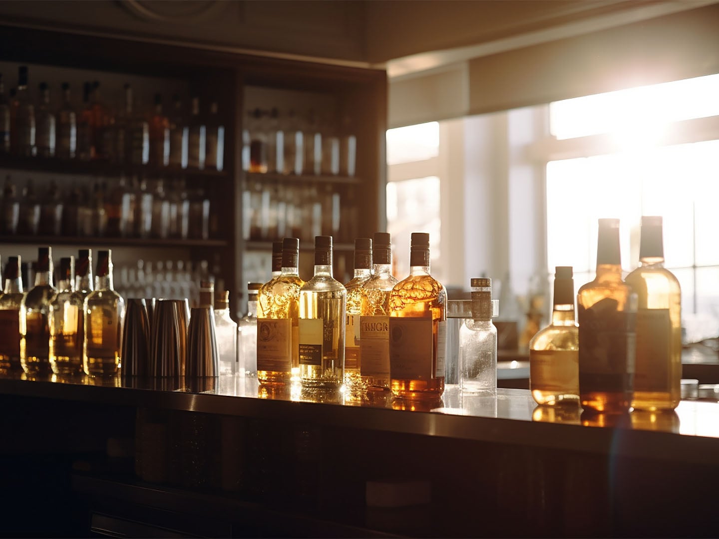 Midjourney, bar counter with liquor bottles