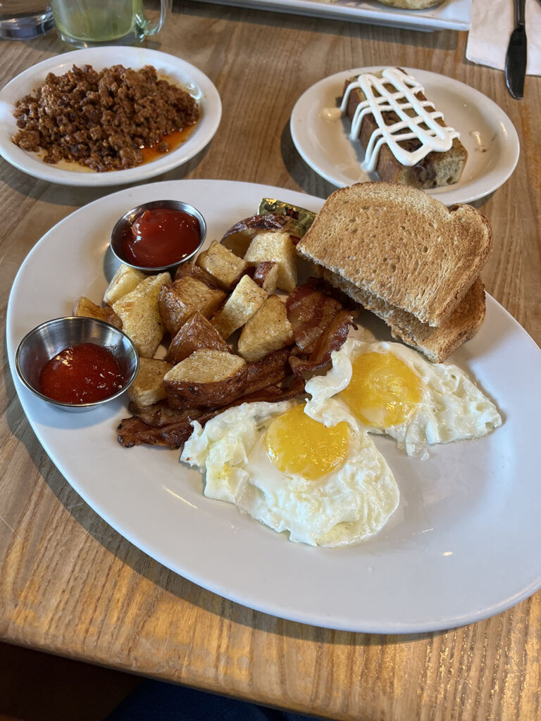 Oasis Cafe - breakfast, salmon chorizo, coffee cake