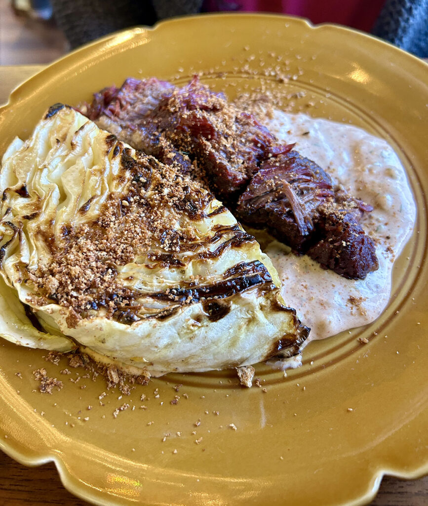 Roux - smoked pastrami with charred cabbage (Aimee Cook)