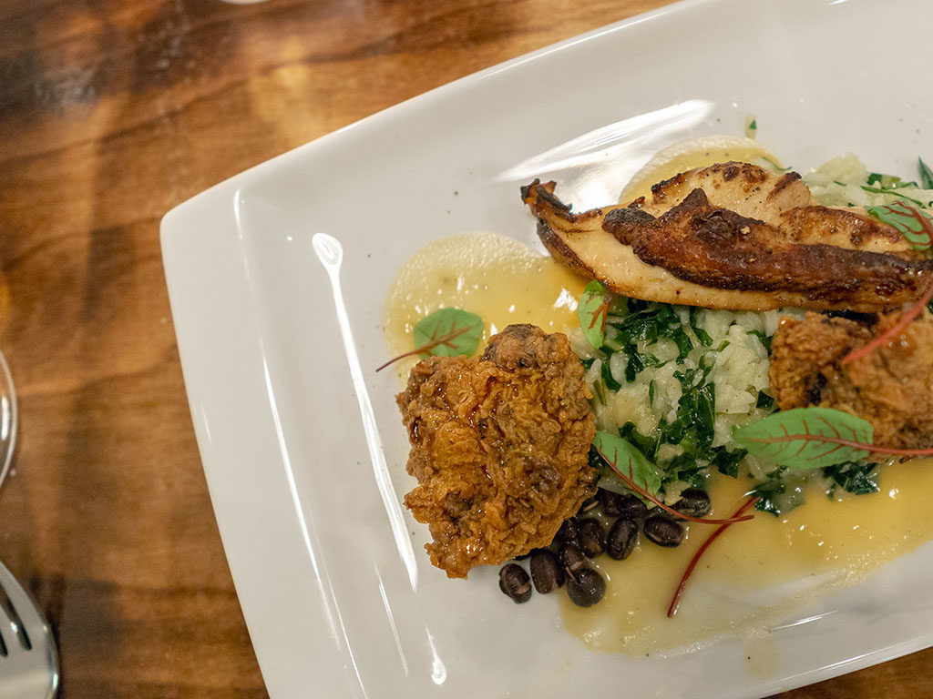 SLC Eatery - chicken two ways with breast, crispy thigh, toasted rice, collards