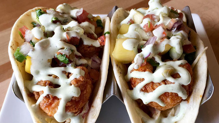 Taqueria 27 - Argentine Shrimp over T27 Slaw topped with Cucumber-Mango Salsa & Cilantro Lime Crema on Flour (T27)